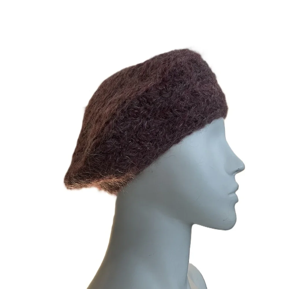 Helena Ruuth Handmade in Ireland Mohair Wool Blend Beret Hat Plum Burgundy Fuzzy